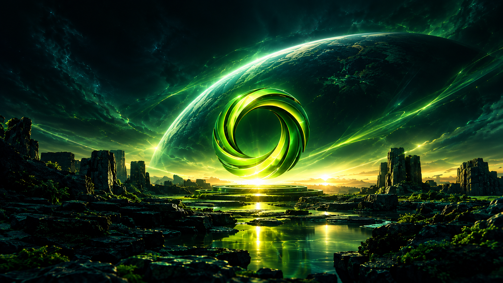 Universo AURA com o símbolo Genesis diante de um planeta iluminado